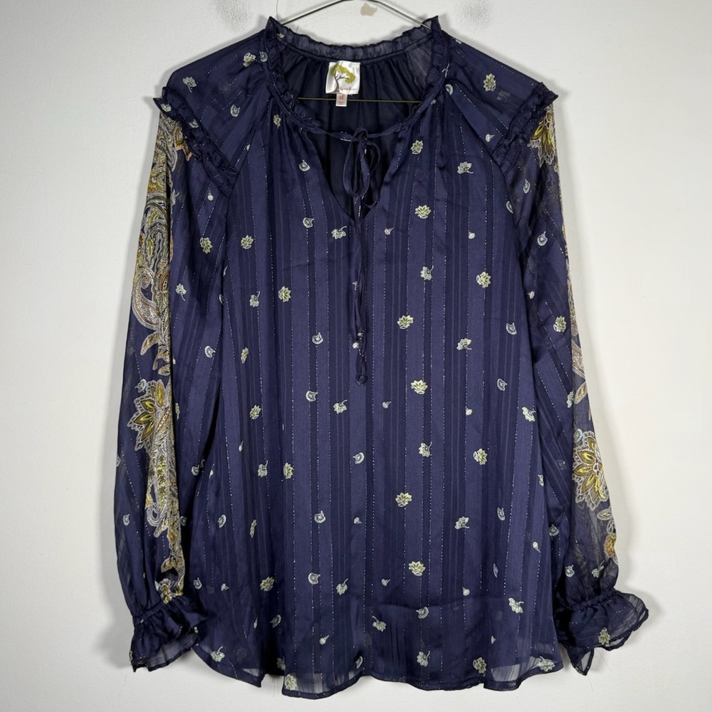 Fig and Flower Women's Size XL Mixed Pattern Tie Detail Long Sleeve Blouse